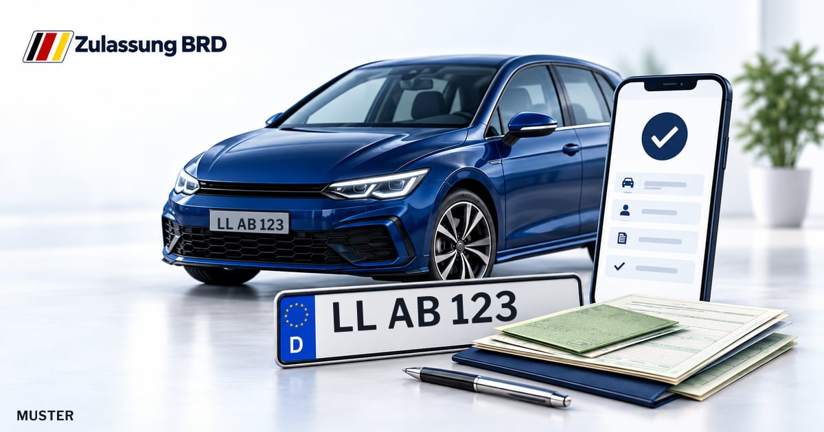 Online Fahrzeugzulassung in Landkreis Landsberg am Lech: Musterkennzeichen LL AB 123, Auto und Fahrzeugpapiere und Smartphone. Illustration mit Logo von Zulassung BRD.